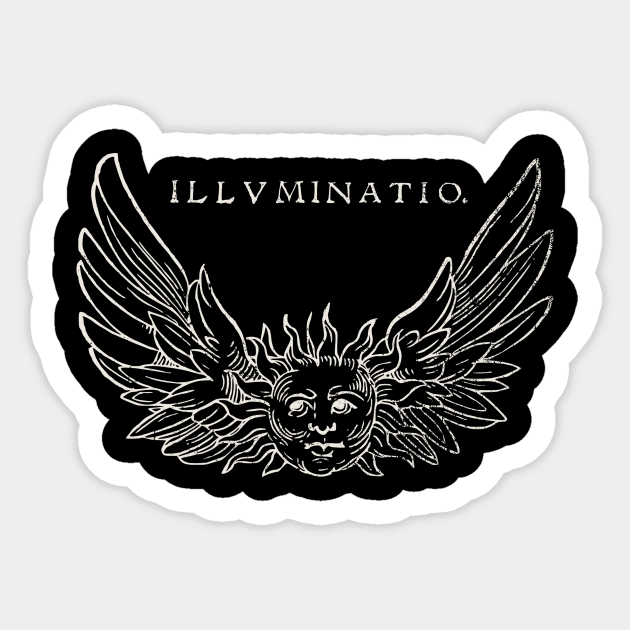 ILLUMINATIO Winged Sun Woodcut Retro Distressed Art Sticker by ClothedCircuit